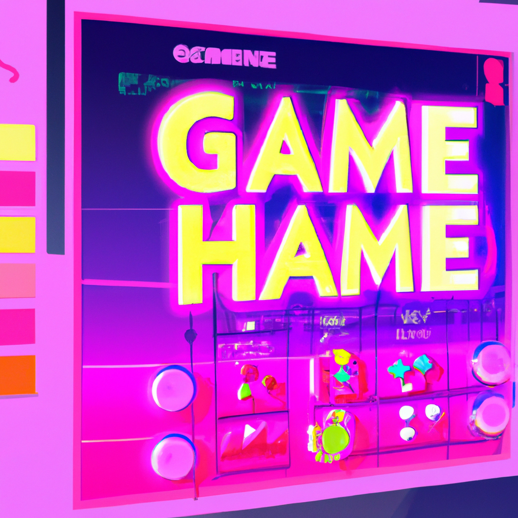 Close-up: neon HUD badge over game scene